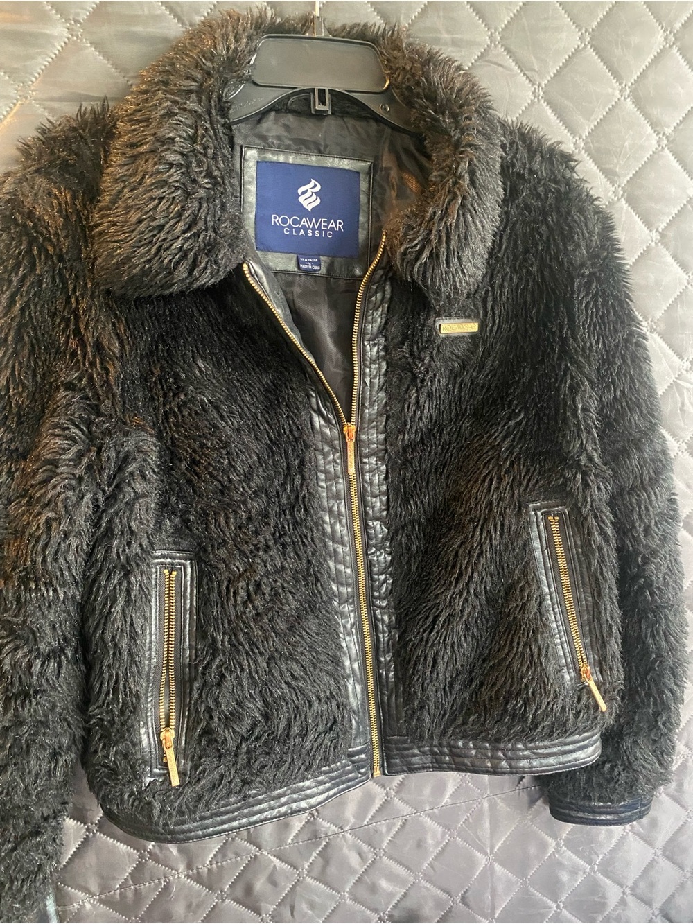 Rocawear Black Faux Fur Jacket with Gold Logo Plaque